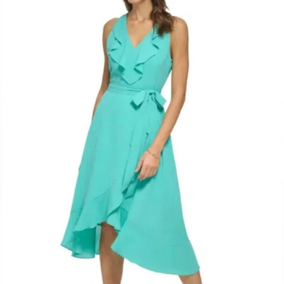 NWT Kensie Size 10 Women's Belted Ruffle Asymmetric Midi Dress in Aqua - Picture 1 of 5